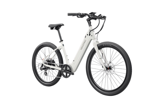 From a side angle, observe the Velotric Breeze urban eBike in white featuring a step-through frame, thick black tires, and a powerful 750W rear hub motor.