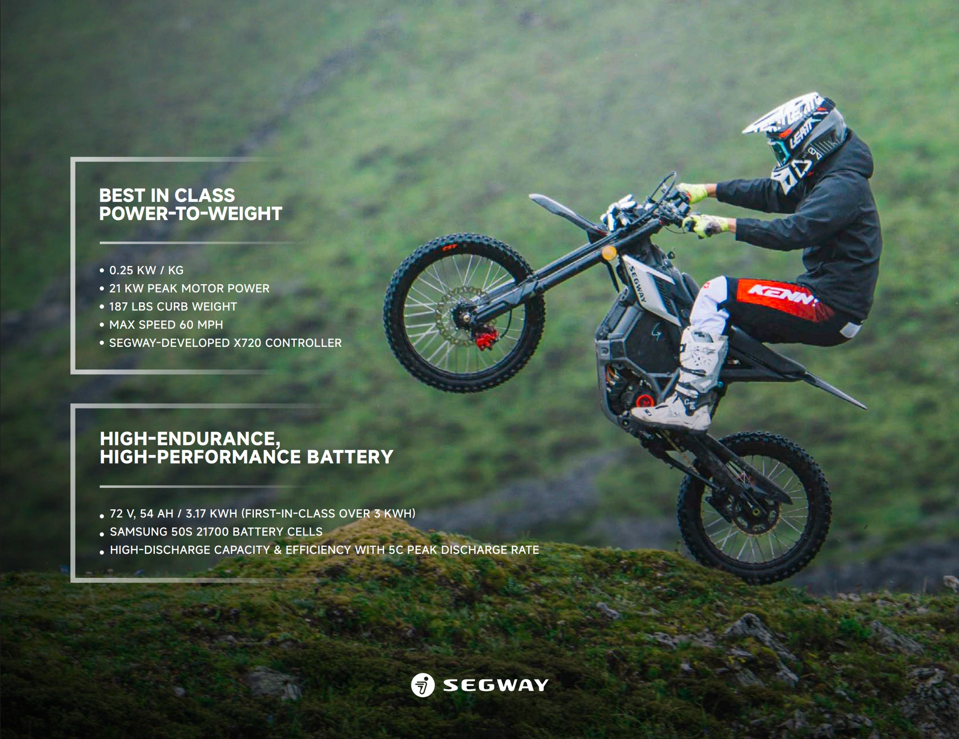 A rider conquers grassy hills on the Segway Xaber 300, showcasing its off-road power, agile speed, advanced battery, and the trusted Segway brand.