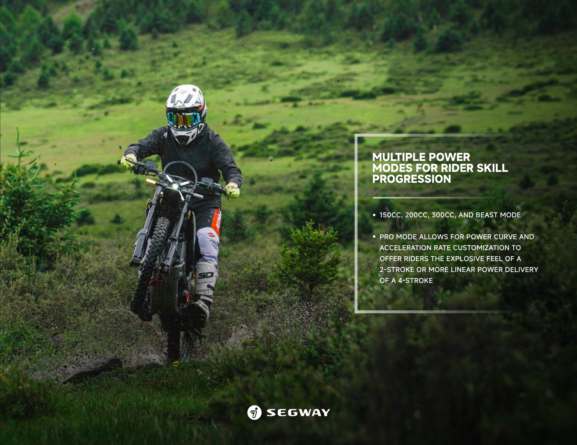 Wearing motocross gear, a rider takes the Segway Xaber 300 by Segway down a grassy trail, showcasing its off-road capability and multiple power modes designed for different skill levels.