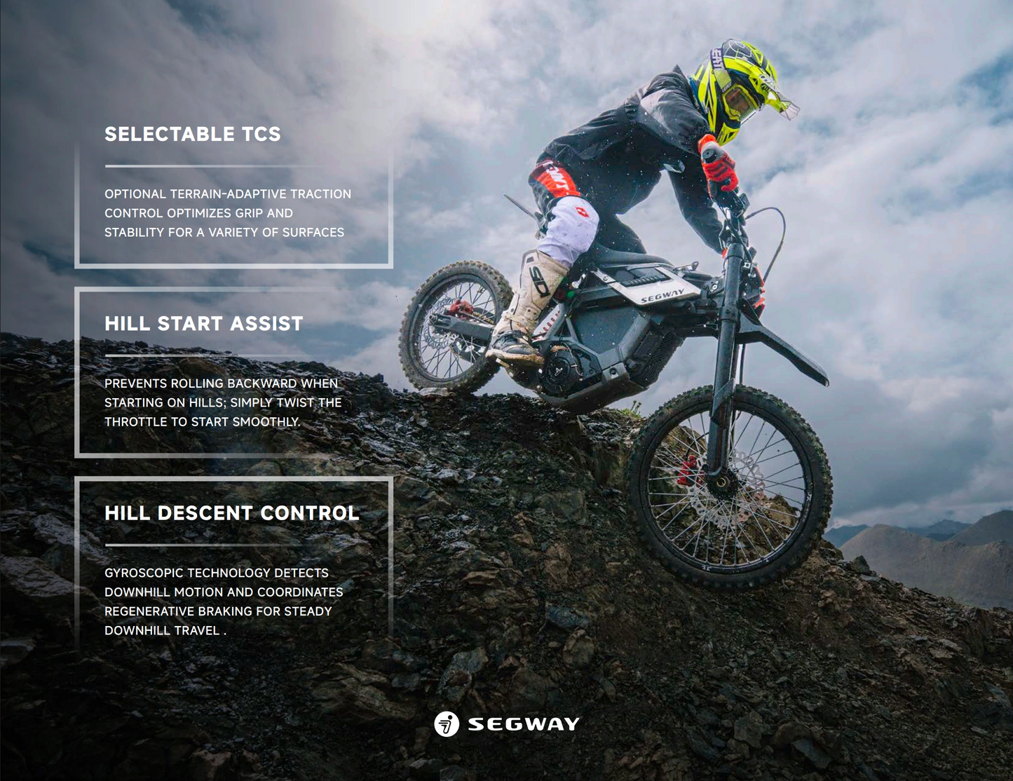 A rider ascends rocky terrain on the Segway Xaber 300 by Segway, with overlay text showcasing selectable TCS, hill start assist, and hill descent control for enhanced off-road capability.