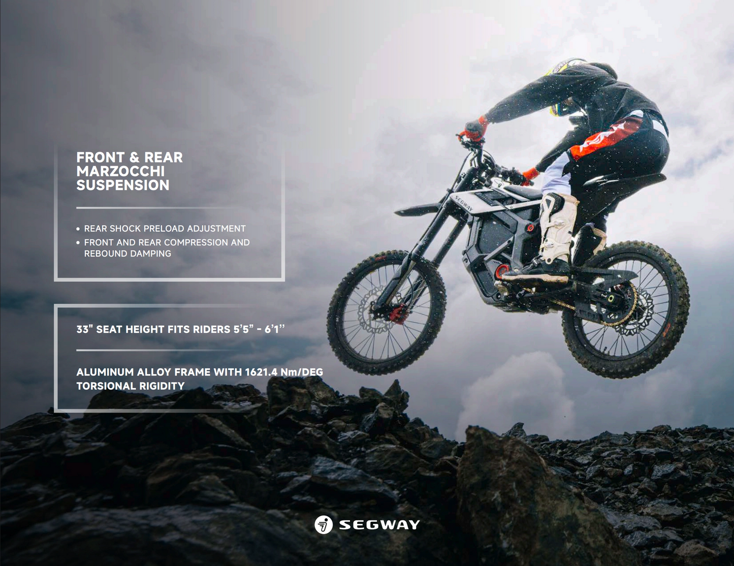 A rider on the Segway Xaber 300 soars over rocky ground, showcasing its Marzocchi suspension, adjustable seat for 5'5"-6'1" riders, and durable aluminum alloy frame. Segway logo appears at the bottom.