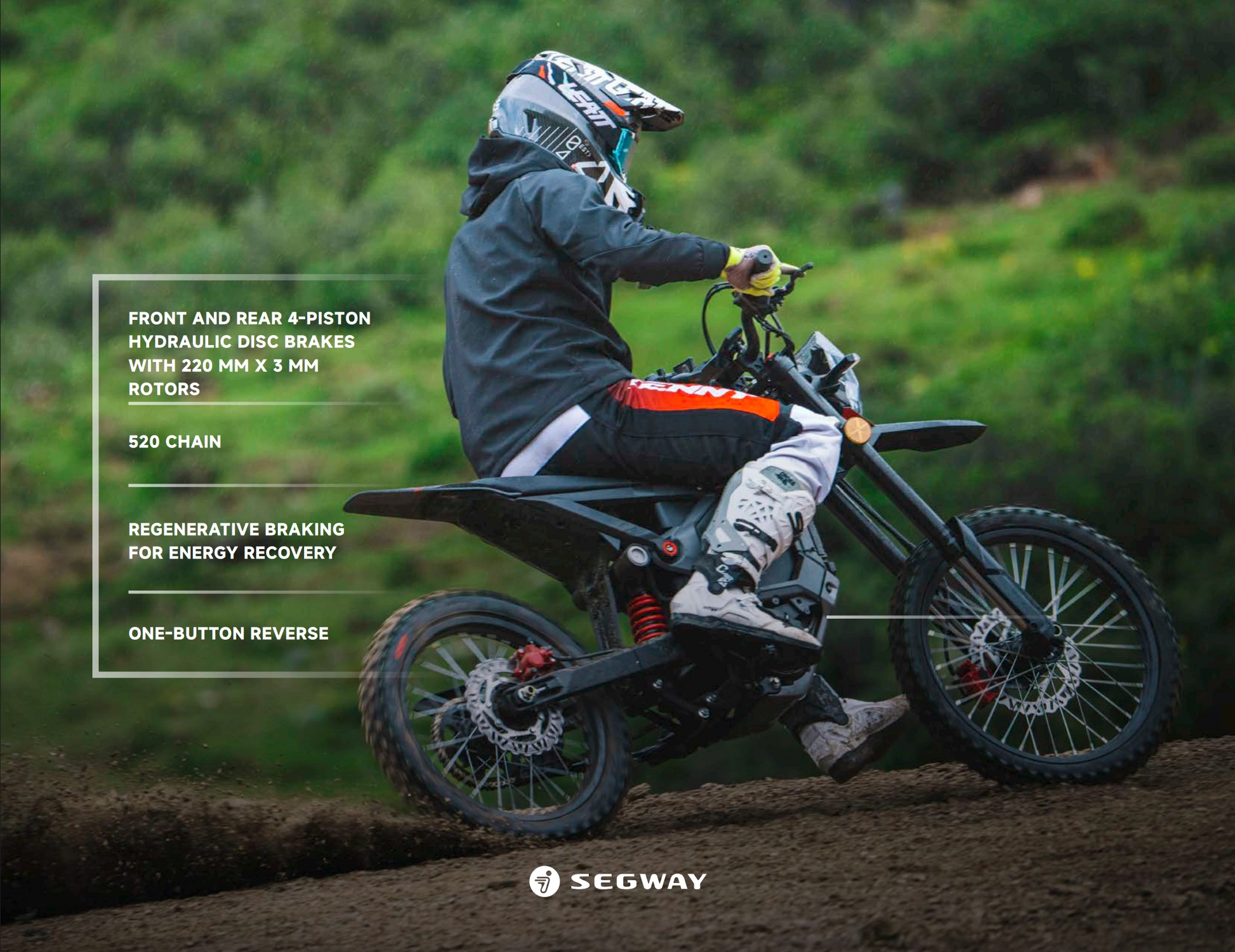 A rider takes the Segway Xaber 300 electric dirt bike uphill on a rugged trail; on-screen text showcases its off-road features: hydraulic disc brakes, 520 chain, regenerative braking, and one-touch reverse.