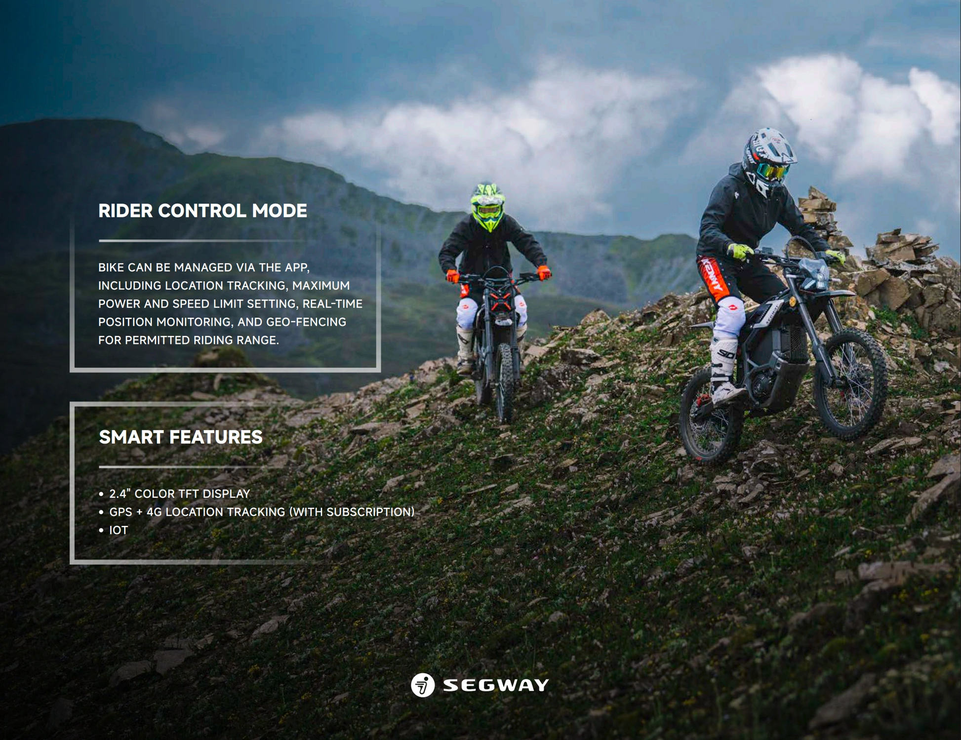 Two helmeted riders take the Segway Xaber 300 electric dirt bikes uphill over rocky grass, highlighting the Segway brand and off-road capability, with key features shown on the left.