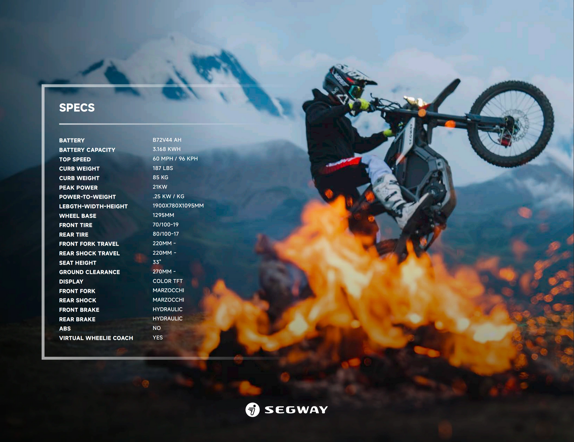 A rider does a wheelie on the Segway Xaber 300 electric dirt bike near a campfire with mountains behind. Off-road specs for the Segway Xaber 300 are displayed on the left side of the image.