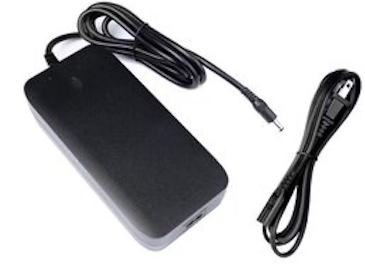 Black laptop charger with attached cable and a separate power cord on a white background by Aventon.