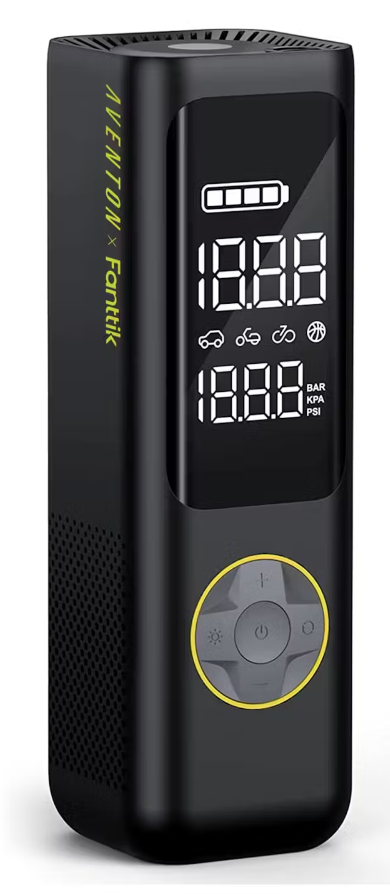 Portable Air Pump with a lit display showing pressure readings, encased in a black housing with button controls highlighted in yellow by Tampa Bay eBikes.