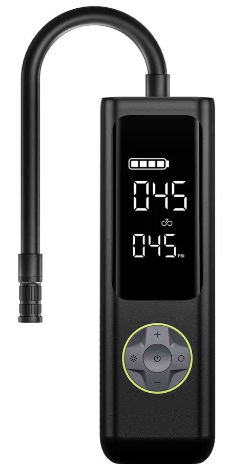 Portable Air Pump with an LED display showing pressure readings, featuring a flexible hose and control buttons by Tampa Bay eBikes.