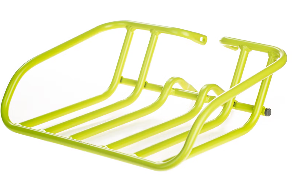 A neon green Aventon Aventure Front Rack isolated on a white background.