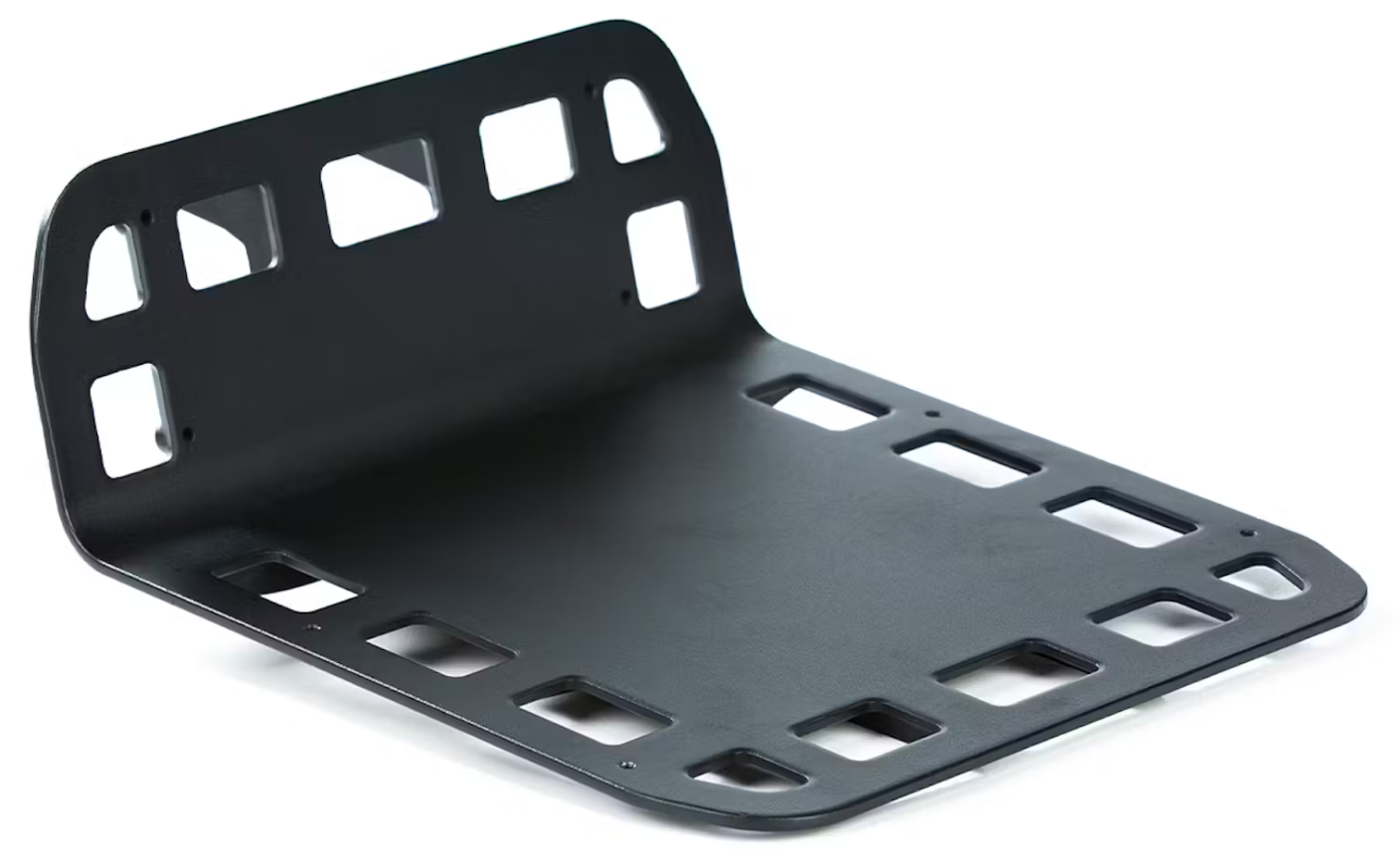 Black metal bracket with multiple rectangular cut-outs, designed for mounting Tampa Bay eBikes Aventon Front Utility Rack or support functions on front racks.