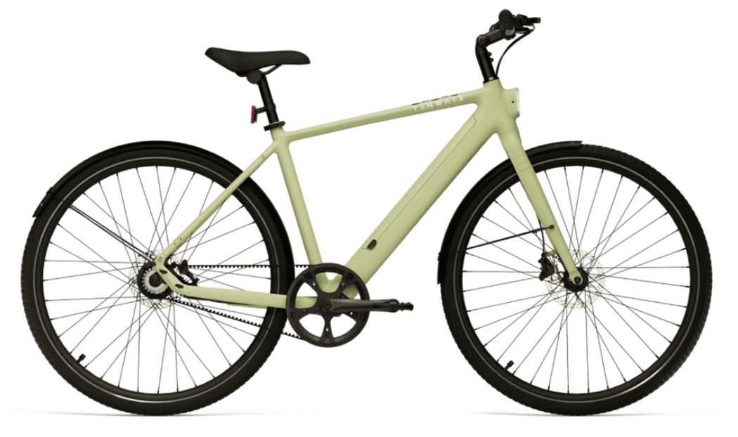 A pale green Tenways CGO600 Pro e-city bike with a modern frame design, black tires, and a Gates Carbon Belt drive transmission, isolated on a white background.