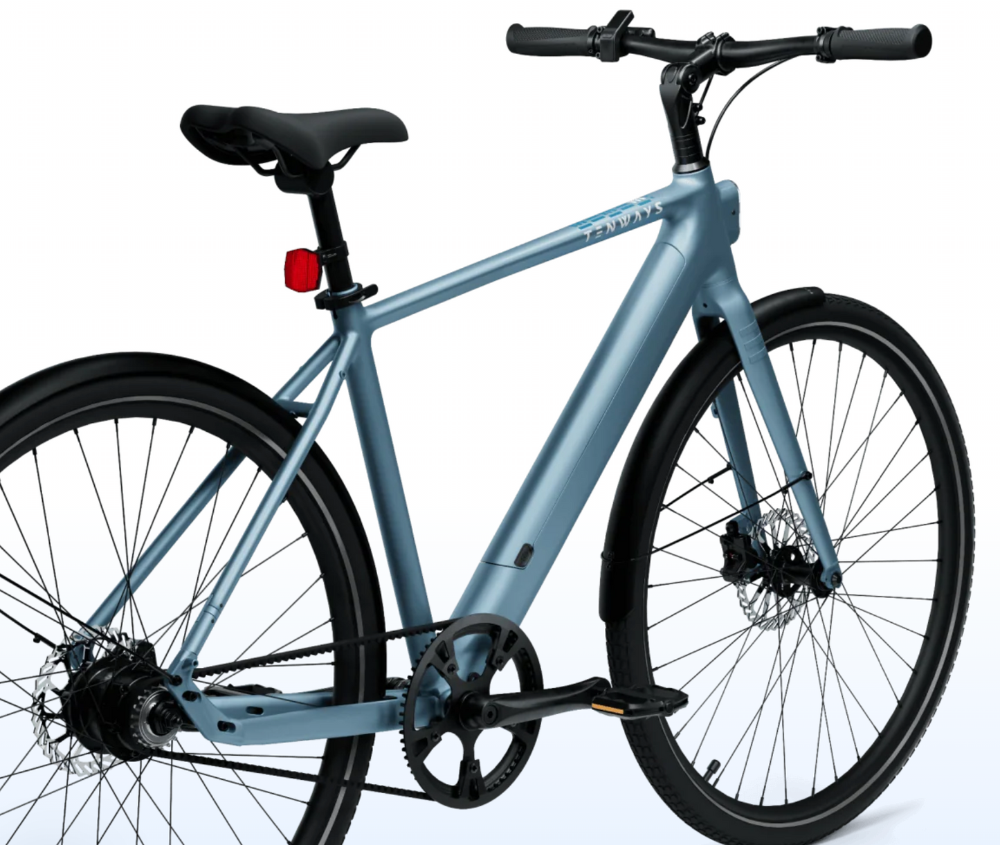 Tenways CGO600 Pro e-city bike with black handlebars and saddle, featuring disc brakes and a simple frame design, isolated on a white background.