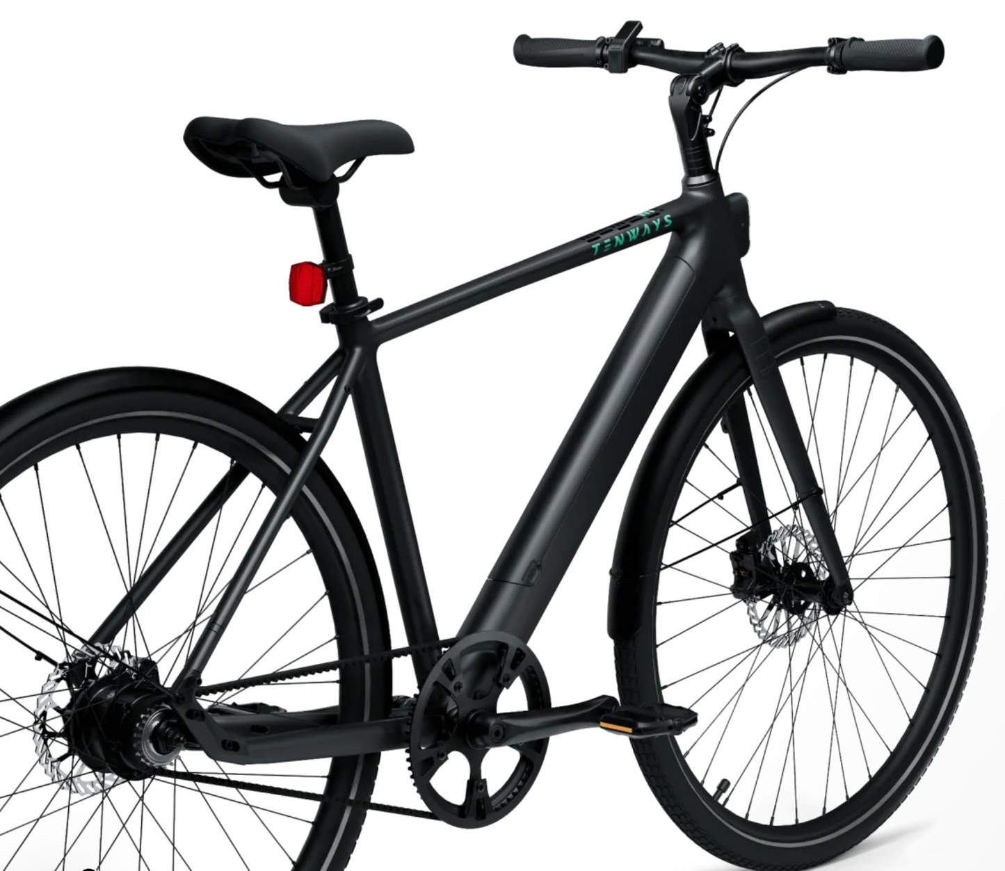 A modern black Tenways urban bicycle with thin tires, a straight handlebar, a green logo on the frame, and equipped with a Gates Carbon Belt, set against a white background.