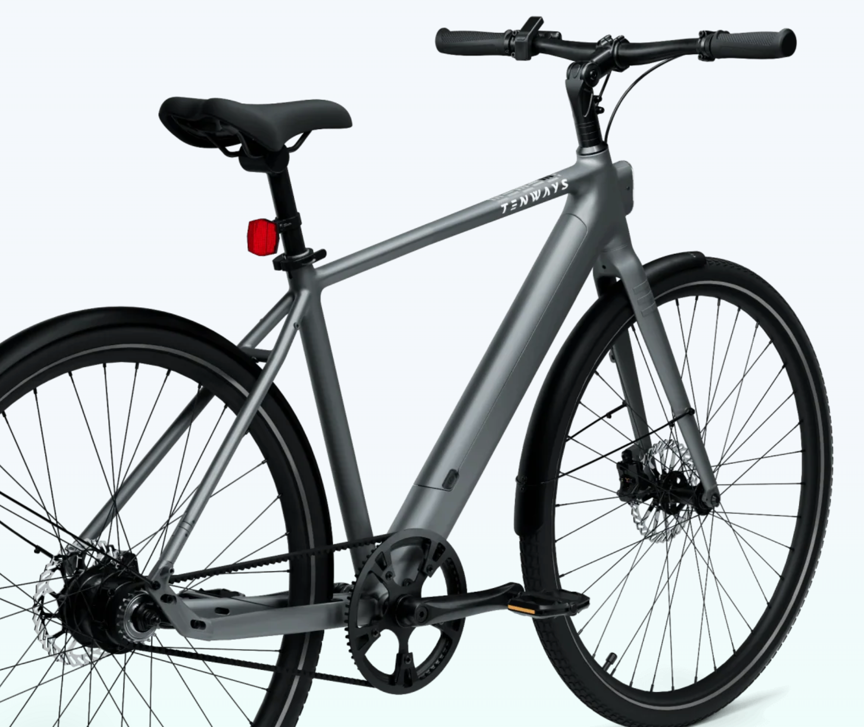 Tenways CGO600 Pro urban single-speed bicycle with a Gates Carbon Belt, set against a light background, featuring disc brakes and a minimalist frame design.