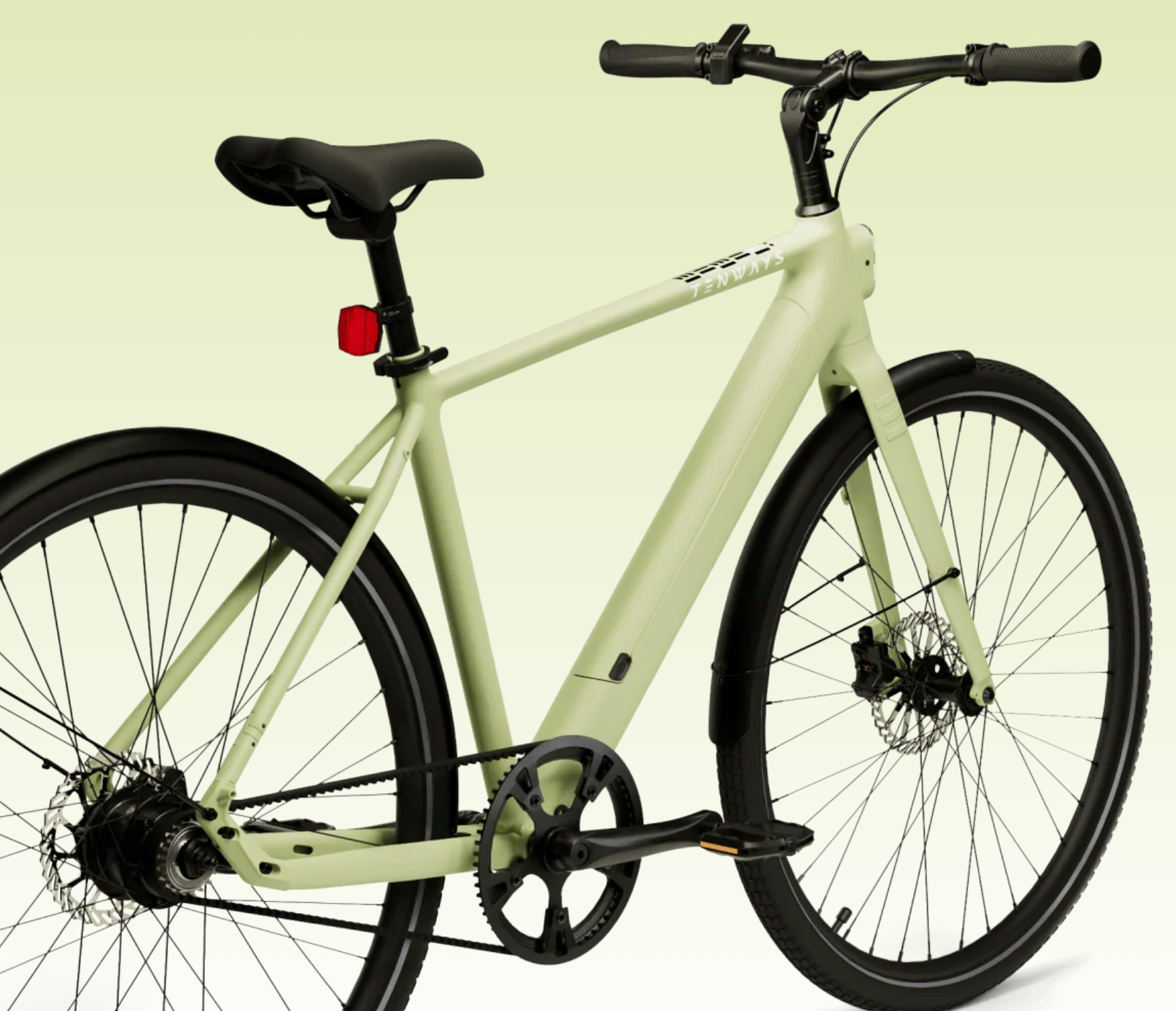 Tenways CGO600 Pro e-city bike with black seat and handlebars, featuring disc brakes and a Gates Carbon Belt drive system, set against a light green background.