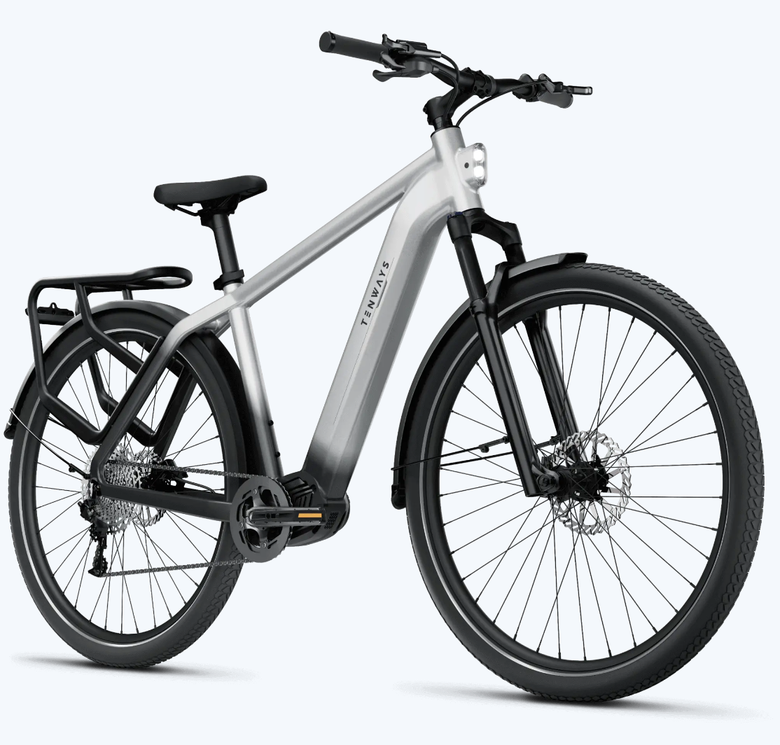 Tenways AGO X electric bicycle with black accents, featuring a mid-drive motor and a rear cargo rack, positioned against a gray background.