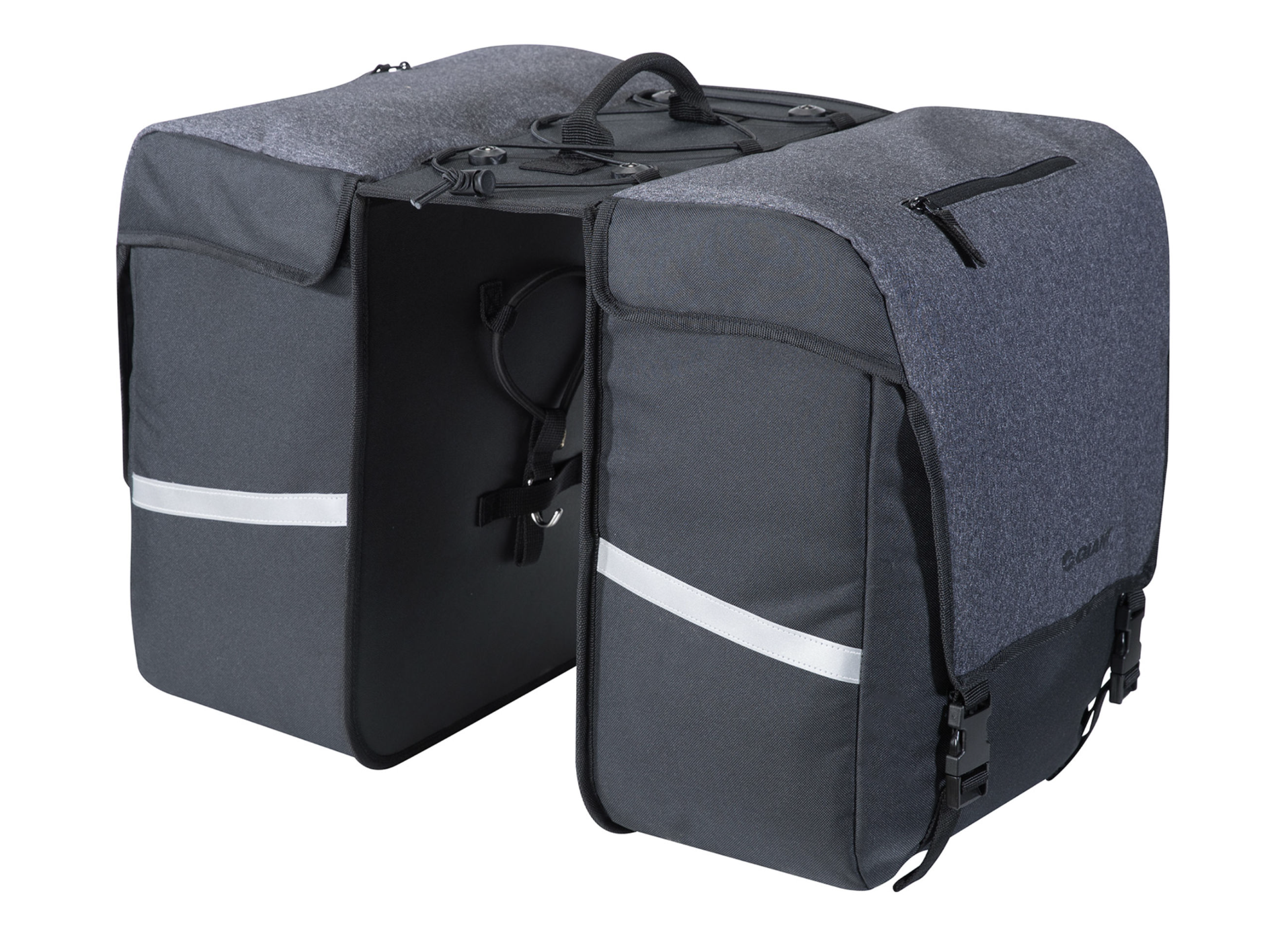 Introducing the MIK Double Rear Panniers by Giant, a pair of black and gray bicycle pannier bags connected in the middle. They feature reflective strips on the side for visibility, a convenient carrying handle on top, and are crafted from durable water-resistant nylon. These panniers also include an EnergyPak compartment for easy battery storage.