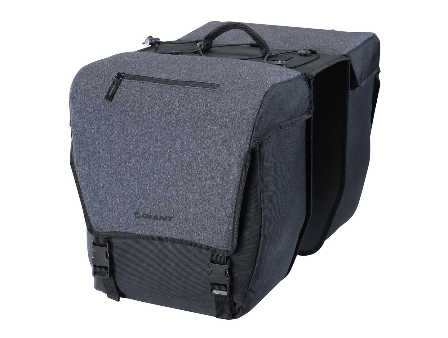 The MIK Double Rear Panniers from Giant are black and grey bike panniers made from water-resistant nylon, featuring a handle on top, multiple zippered compartments, and buckle closures.