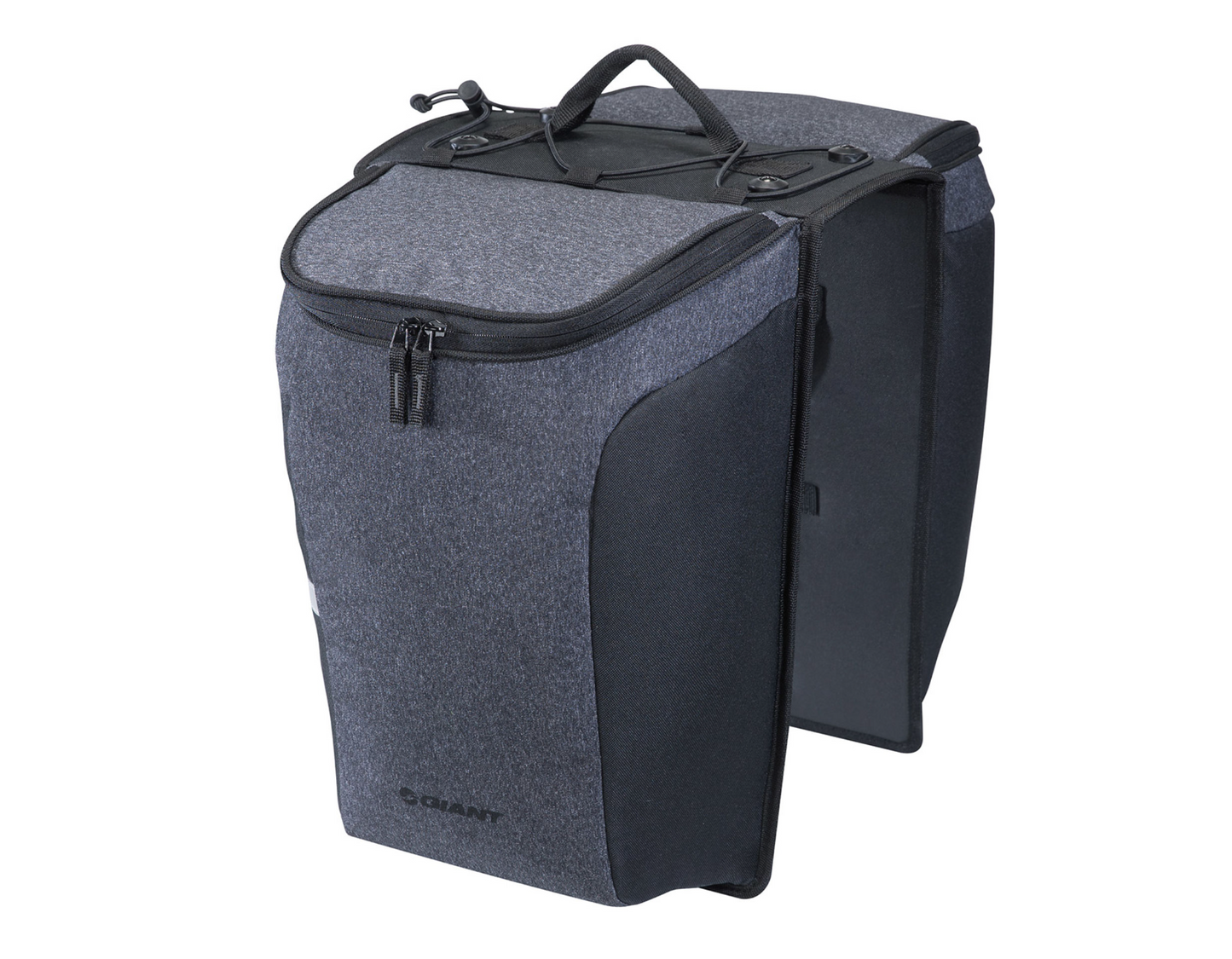 The MIK Double Rear Panniers from Giant are shown in gray and black with dual compartments, zippers, and handle straps. Made from water-resistant nylon, the brand name "Giant" is visible on the front.