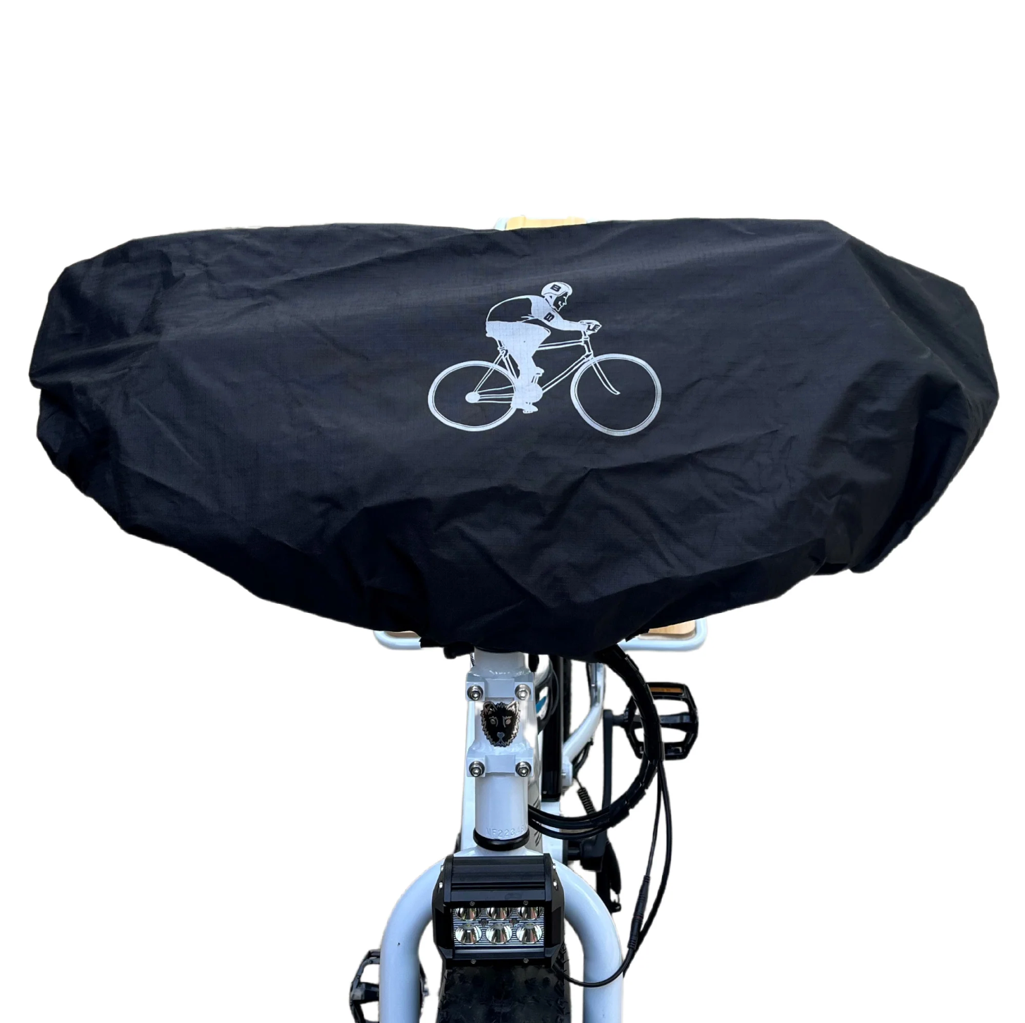 Bikase eBike Battery Cover featuring scratch protection for enhanced durability, with a black seat cover showcasing a white silhouette of a cyclist.