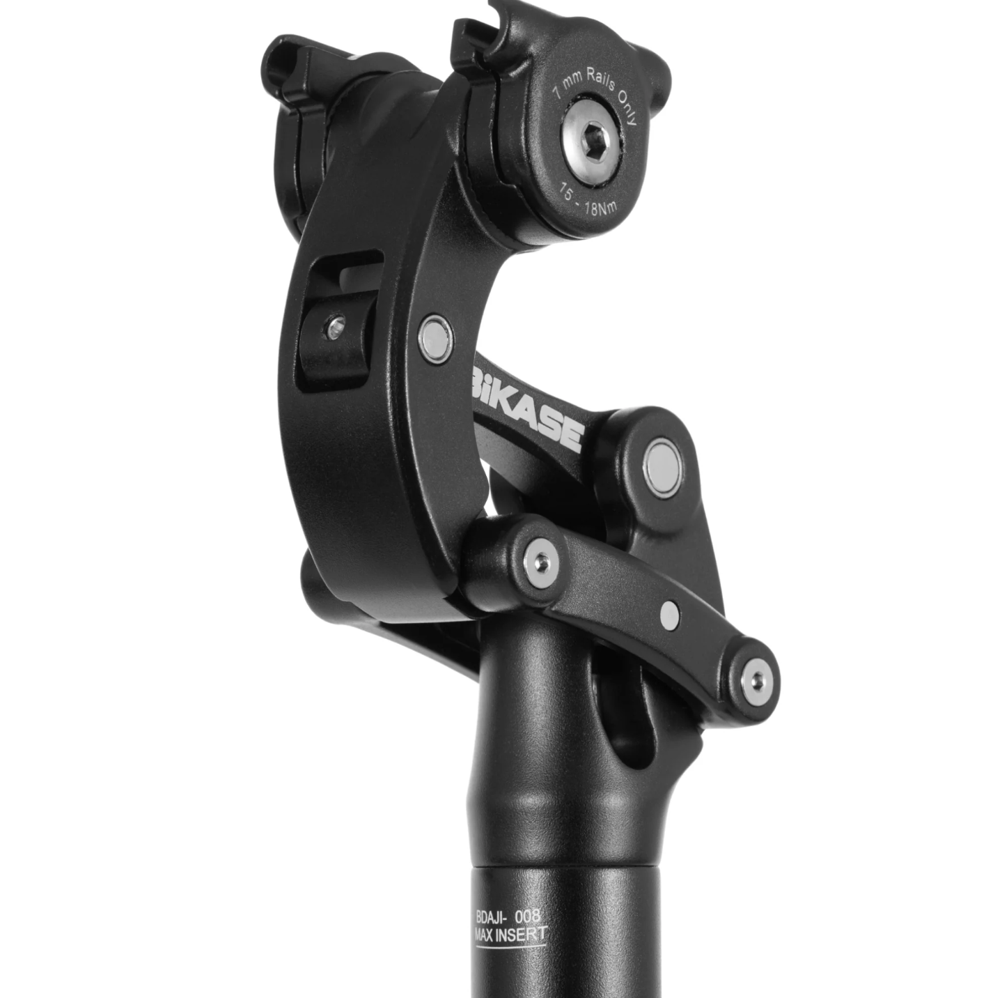 Close-up image of the BumpStop Suspension Seatpost - Bikase, by Bikase, in black with an adjustable bracket. The label "Bikase" is displayed, showing torque specifications on the top clamp and featuring adjustable preload for personalized comfort.