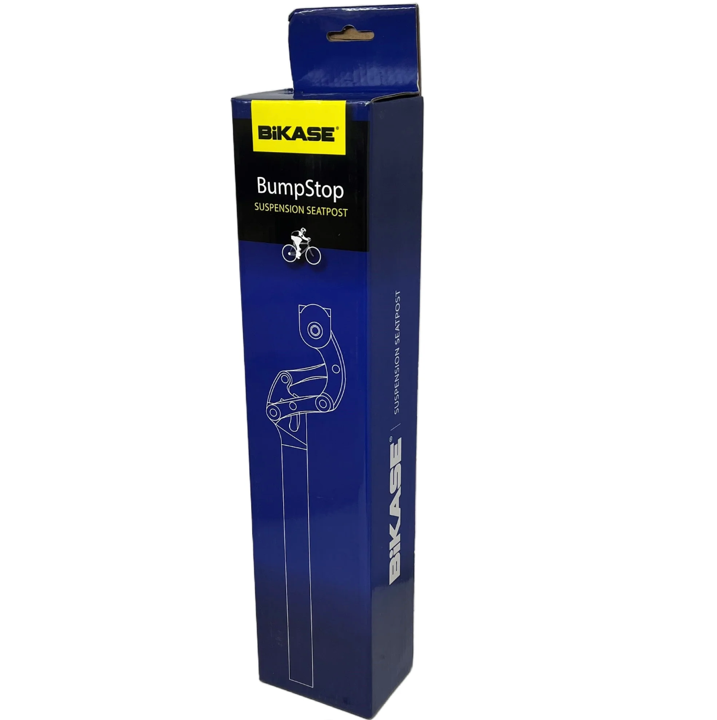 A blue and black box with "BumpStop Suspension Seatpost- Bikase" written on it, featuring an image of a bicycle seatpost with adjustable preload.