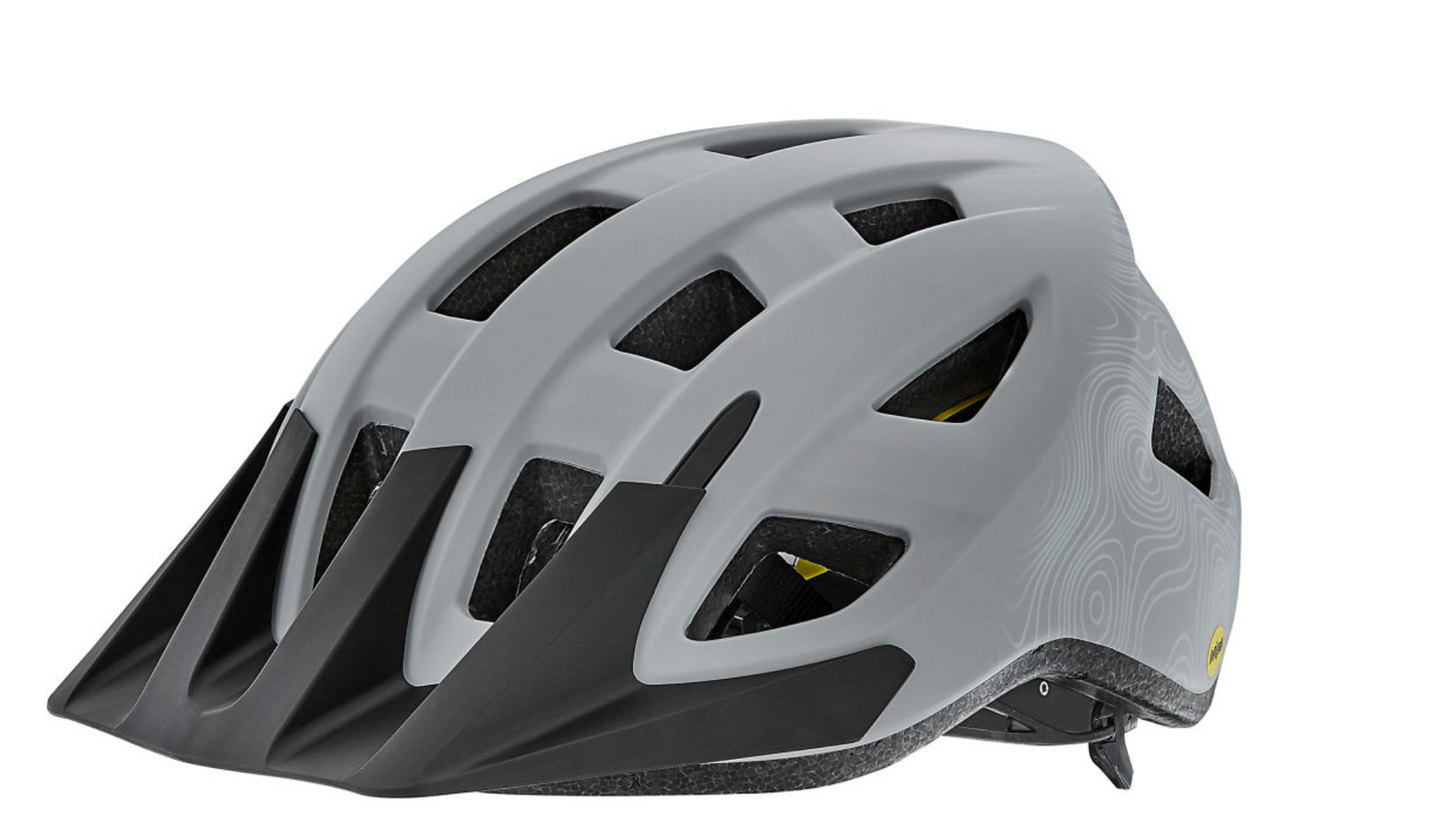 Introducing the LIV Helmet - Liv Path - Matte Grey: This sleek, matte gray bicycle helmet features black ventilation slits and a protective black visor. Enhanced with the MIPS brain protection system for added safety, it is displayed on a white background and also includes TransTextura moisture-wicking technology for maximum comfort.