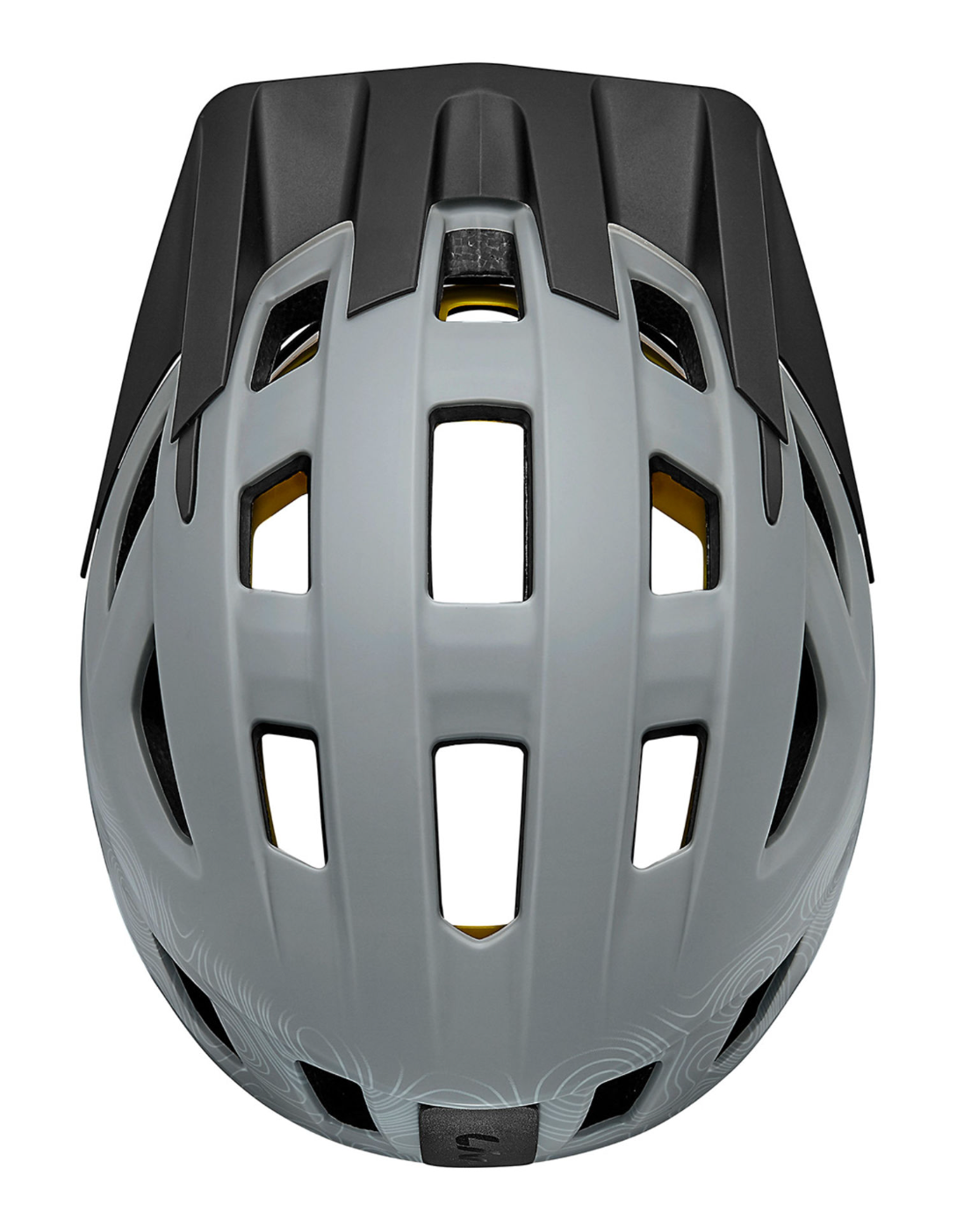 Top view of a Matte Grey LIV Helmet - Liv Path, featuring black accents, multiple ventilation slots, and the MIPS brain protection system.