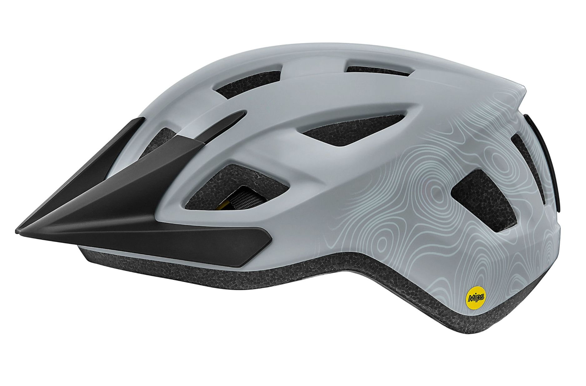 The LIV Helmet - Liv Path in Matte Grey, with its distinctive black accents and topographical pattern, provides superior protection through its MIPS brain protection system. This helmet features multiple ventilation openings, a sleek curved black visor at the front, and incorporates TransTextura moisture-wicking technology for enhanced comfort.