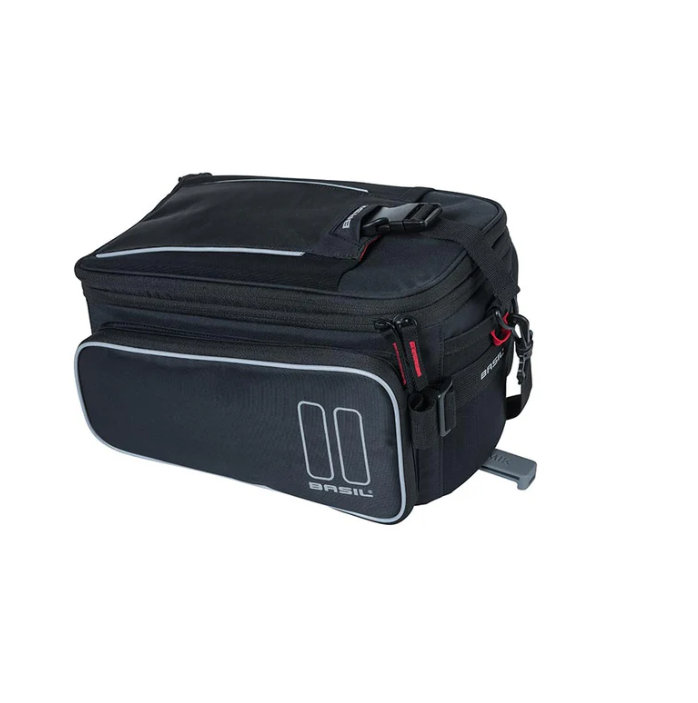 The Bag - Basil Miles MIK Red, specifically designed by Basil for e-bikes, includes reflective trim, a side pocket, and adjustable straps. This waterproof bag is perfect for any ride.