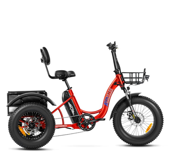 The Addmotor - Triketan M330 II MINI 2024 is a striking red electric tricycle that boasts sturdy fat tires, a handy front basket, and a comfortable rear seat with backrest. Equipped with the powerful Addmotor 48V*750W Motor, it ensures both style and performance for all your adventures.