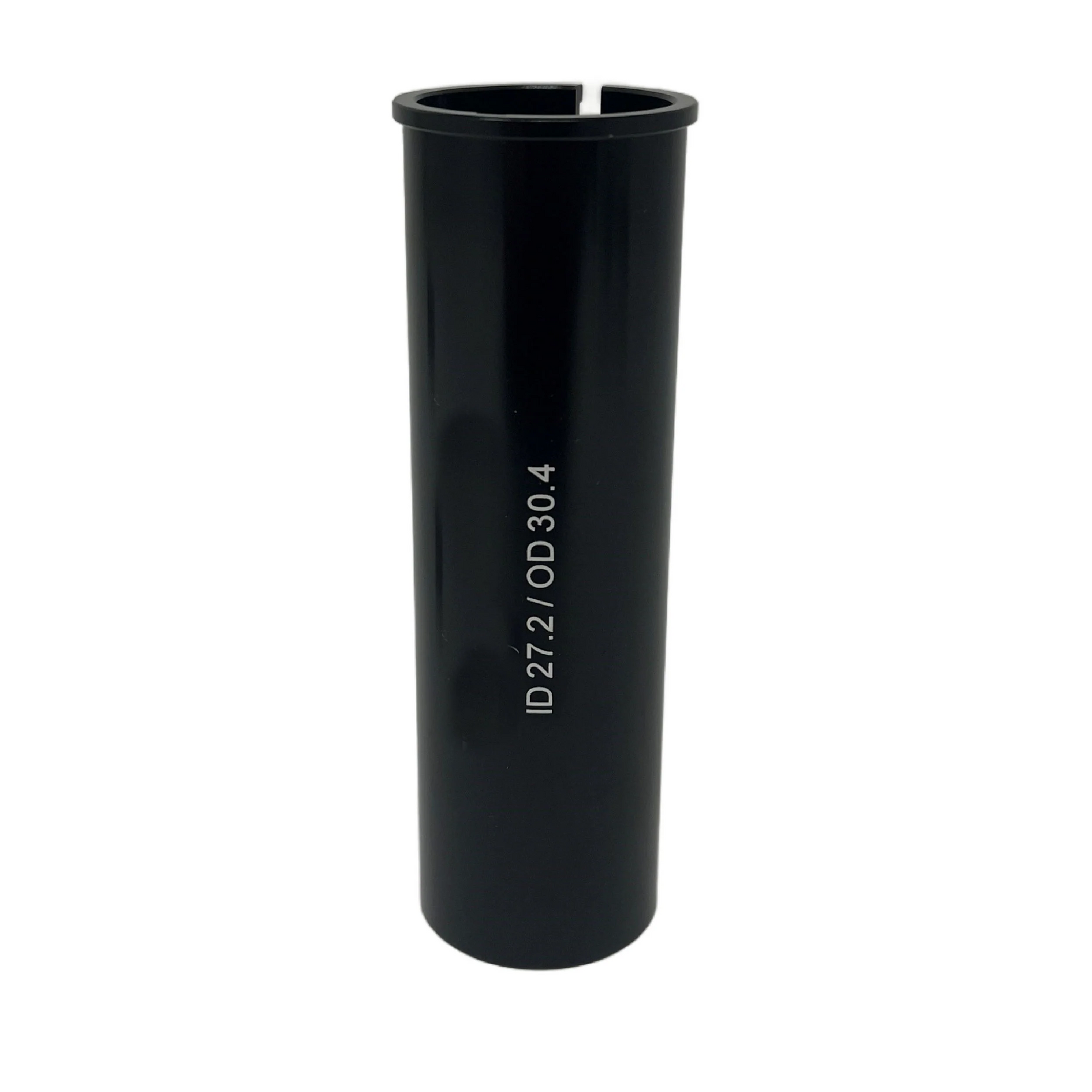 A black cylindrical tube labeled "ID 27.2 / OD 30.4," the Bikase Seat Post Shim by BiKASE, stands upright against a white background, designed for your bicycle accessory needs.