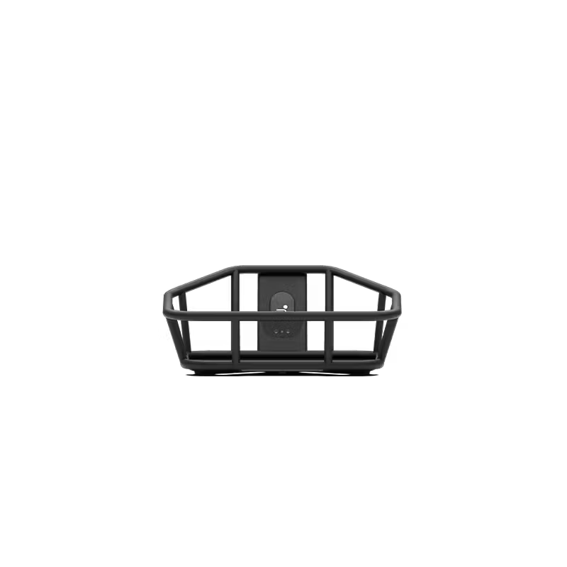 Front view of the Segway Front Basket in black metal with a rear mounting bracket, from Segway—photographed on a white background. A practical e-bike accessory for everyday rides.