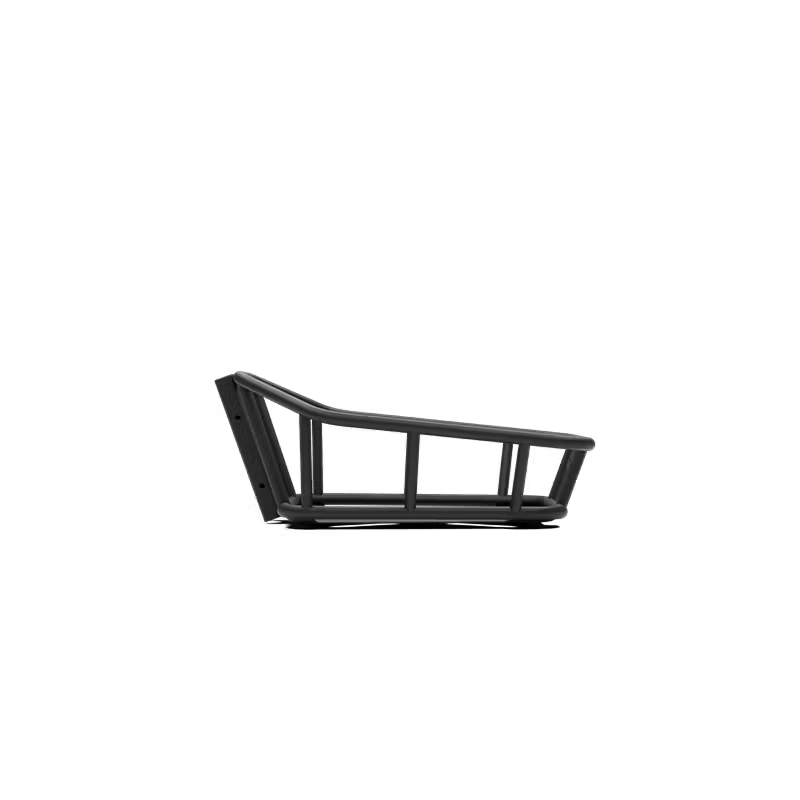 Side view of the Segway Front Basket by Segway, a modern black metal frame without seat or backrest, isolated on white background, featuring minimal lines reminiscent of an e-bike accessory.