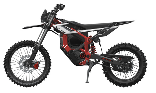 Side view of the Segway Xaber 300 electric dirt bike by Segway in black and red, featuring knobby tires, front and rear suspension, and an extended kickstand on a white background—engineered for off-road performance.