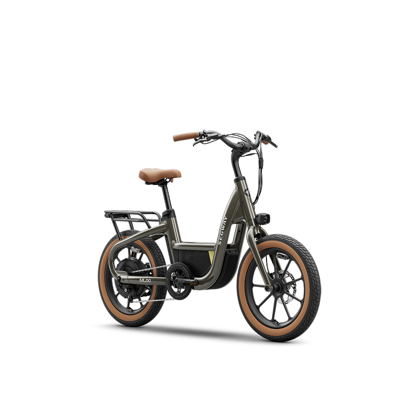 The Segway Muxi by Segway is a modern step-through electric bike with 750W power, brown saddle and grips, black frame, thick tires with brown sidewalls, rear cargo rack, and up to 80-mile range—all displayed on a white background.