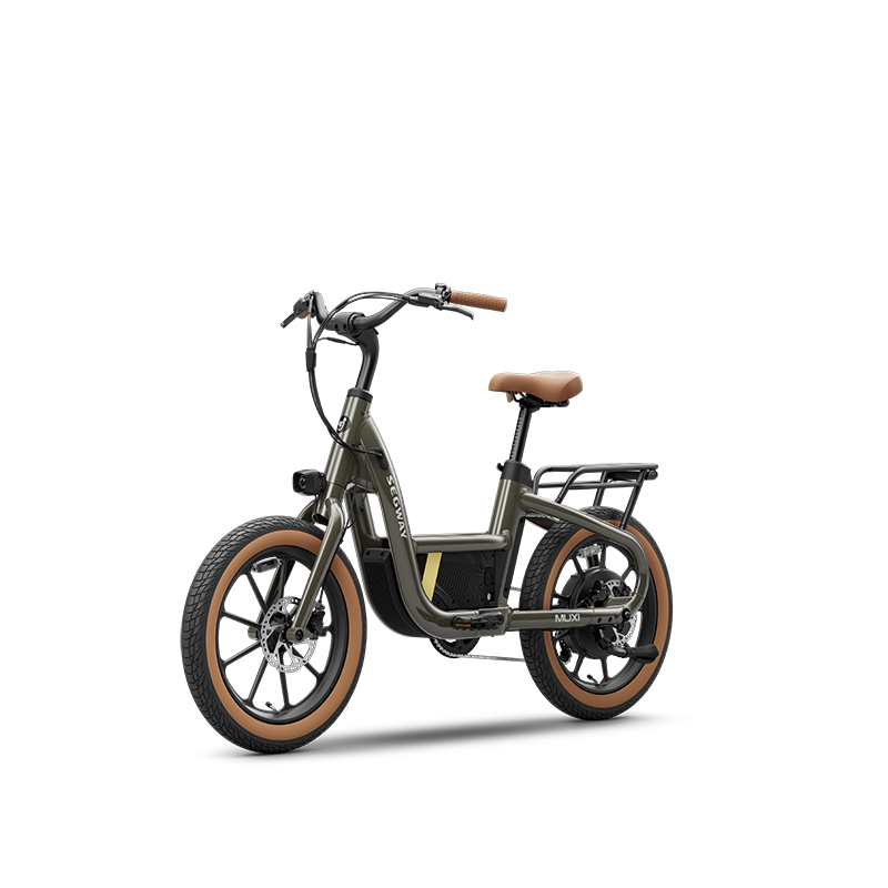 The Segway Muxi by Segway features a dark green frame, brown seat and grips, wide tires, rear cargo rack, and a powerful 750W motor with up to 80 miles of range. Shown on a plain white background.