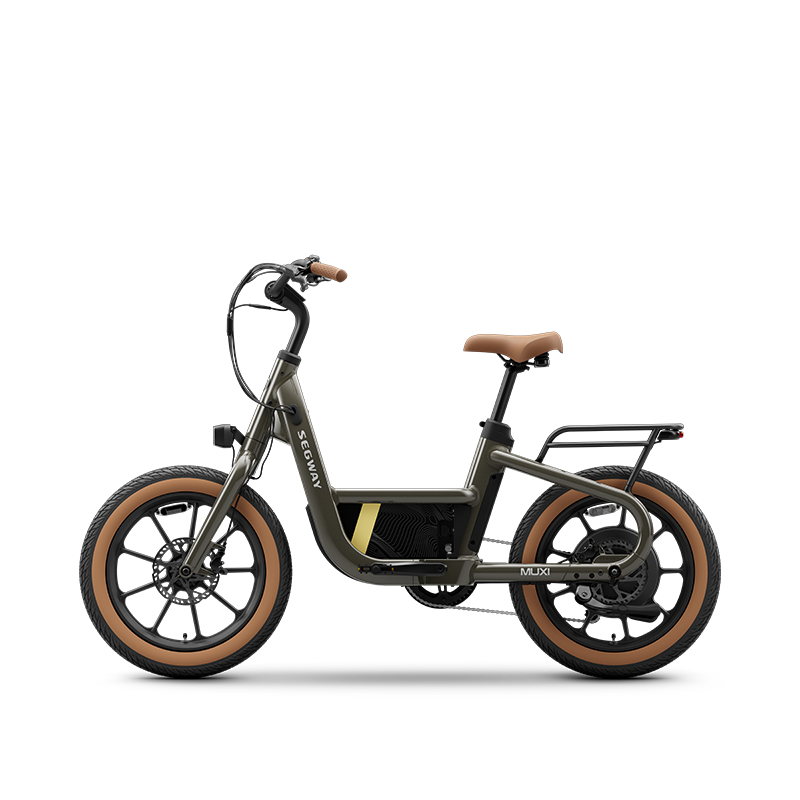 Side view of the Segway Muxi electric utility bike by Segway, with brown tires and saddle, black frame, rear cargo rack, and a central battery. This 750W eBike delivers up to an 80-mile range.