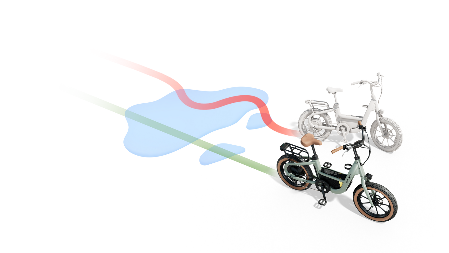 The Segway Muxi electric utility bike by Segway appears in full color on a white background, with another smart eBike faded behind it. A blue puddle and colorful lines decorate the ground.