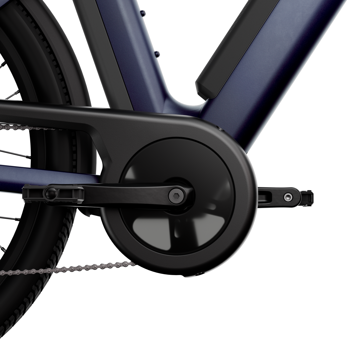 Close-up of a crankset, pedals, and chain with a dark protective casing attached to the Segway Myon electric bike frame.