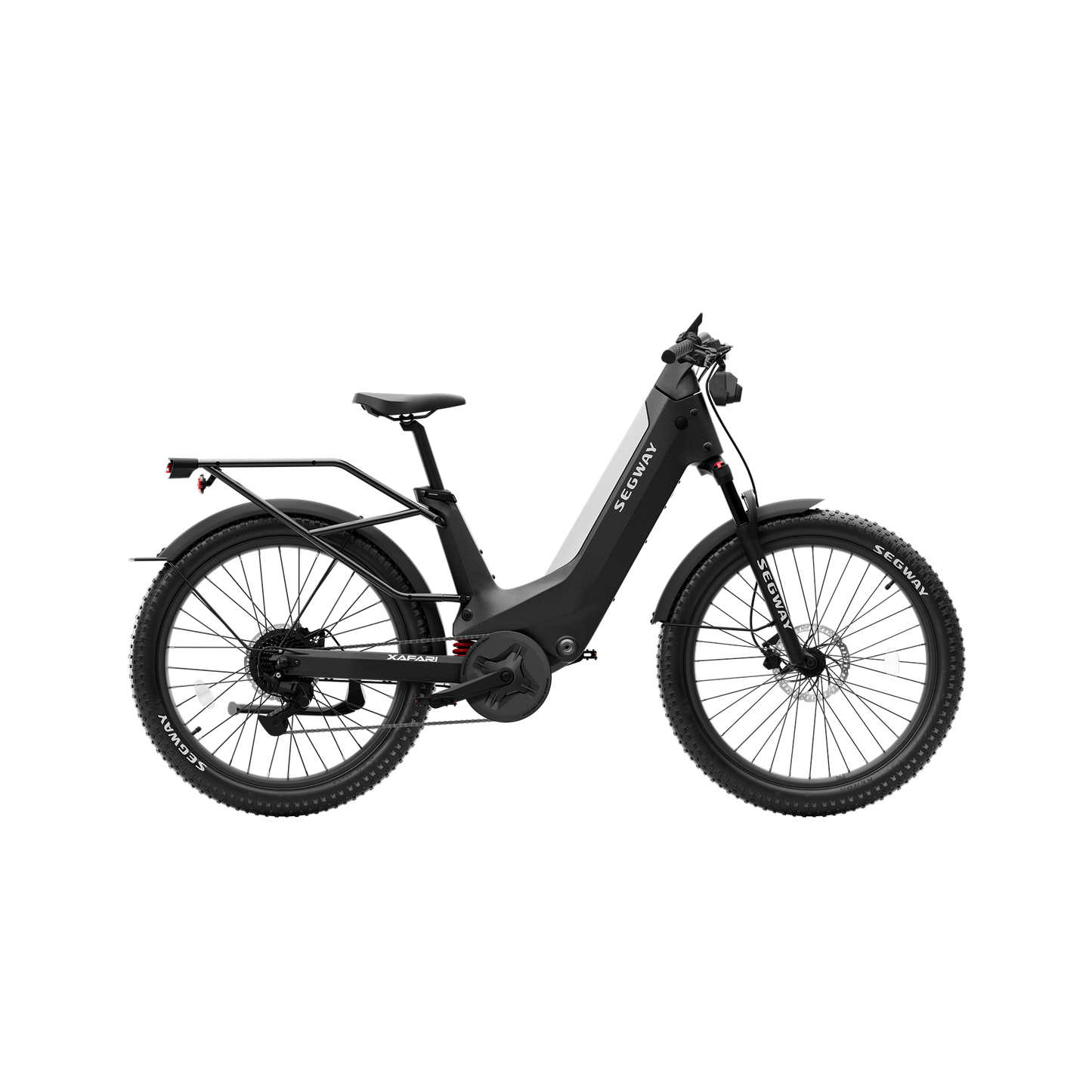 Side view of a Segway - Xafari in black, featuring a step-through frame, chunky tires, and rear rack, ideal for Tampa Bay cruising.