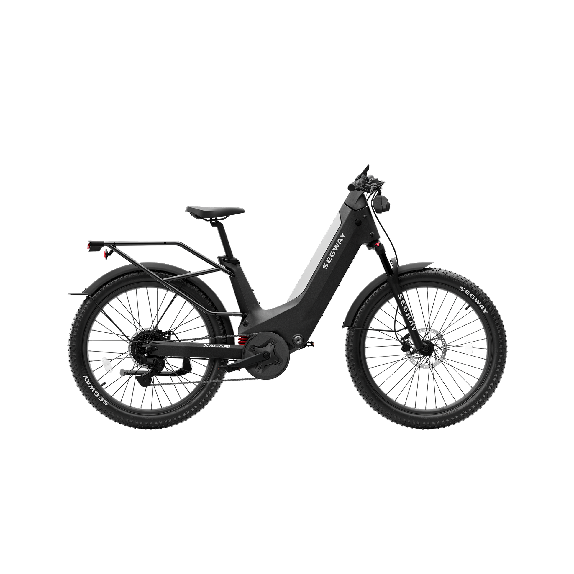 Side view of a Segway - Xafari in black, featuring a step-through frame, chunky tires, and rear rack, ideal for Tampa Bay cruising.