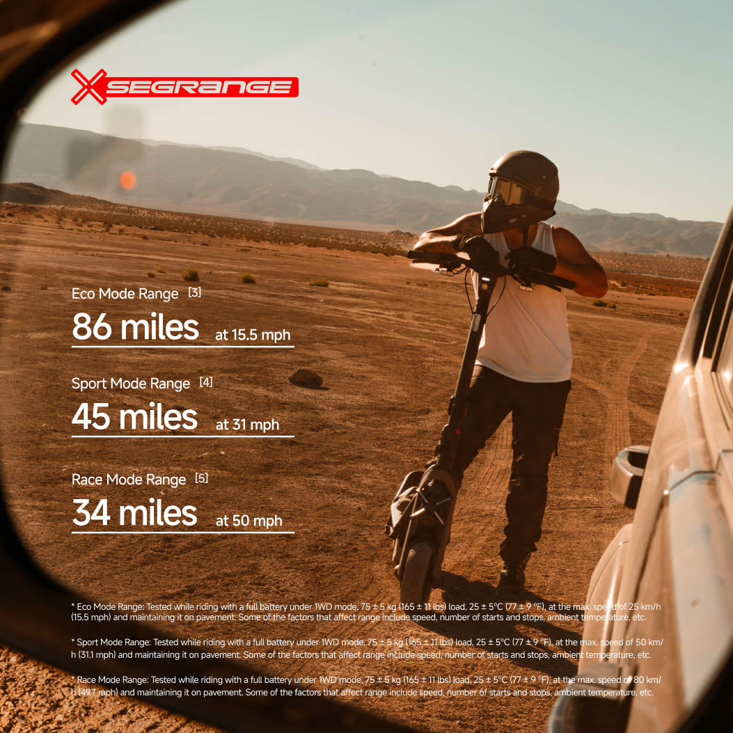 A person in motocross gear stands next to the Segway GT3 Pro Super Scooter by Segway in a desert landscape, with text showing mileage ranges for various ride modes on this high-performance electric scooter.