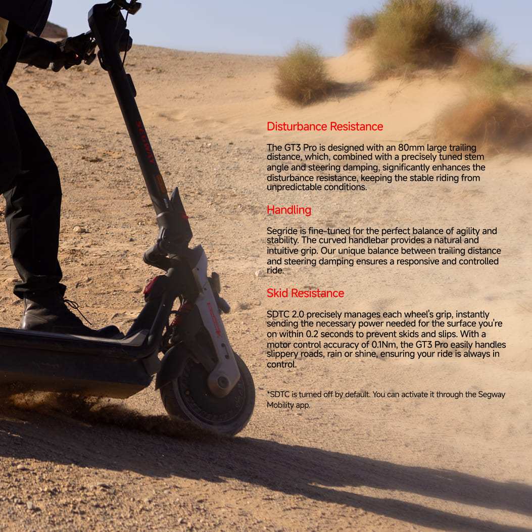 A rider takes the Segway - GT3 Pro Super Scooter uphill on sand, showcasing its impressive skid resistance, advanced handling, and strong disturbance resistance.