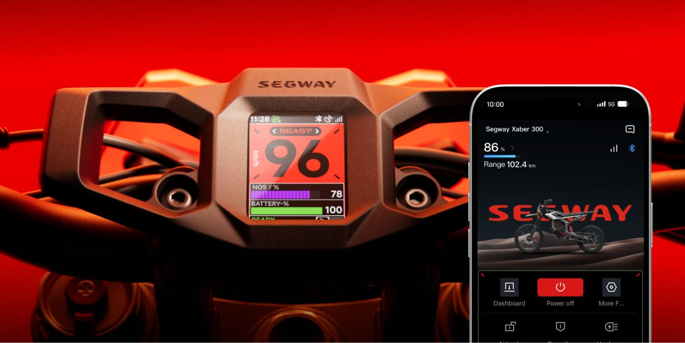 Close-up of the Segway Xaber 300 digital dashboard with ride data, alongside a smartphone app from Segway displaying related electric dirt bike stats on the right.