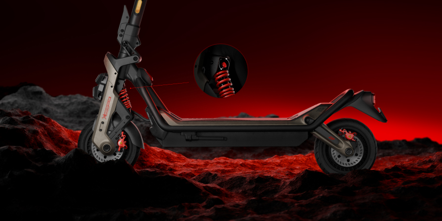 A close-up side view of the Segway GT3 Pro Super Scooter on rocky terrain highlights its red suspension coil against a bold red and black background.