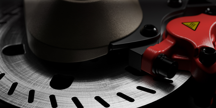 Close-up of a metallic brake disc and red caliper with warning symbol, showcasing the advanced braking system inspired by the Segway GT3 Pro Super Scooter from Segway.