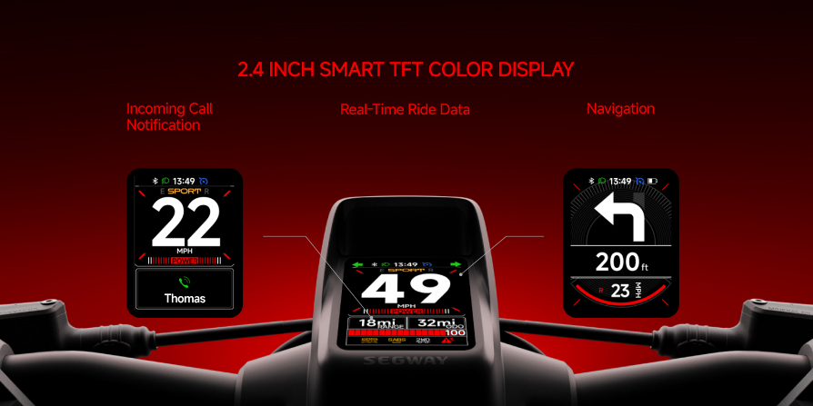 The Segway GT3 Pro Super Scooter features a 2.4-inch smart TFT color dashboard that displays speed, ride data, navigation, and call notifications on a red gradient background—ideal for this high-performance scooter.