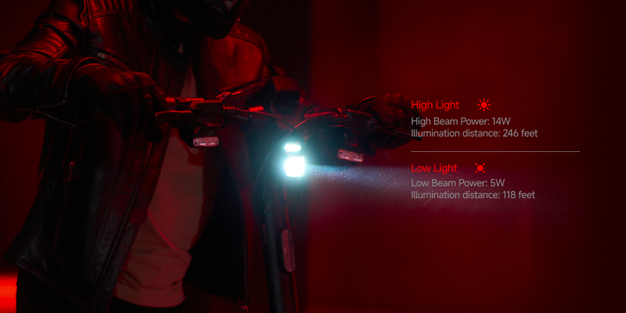 A rider cruises at night on the Segway GT3 Pro Super Scooter with headlights on; text displays high beam (14W, 246 ft) and low beam (5W, 118 ft) specs.