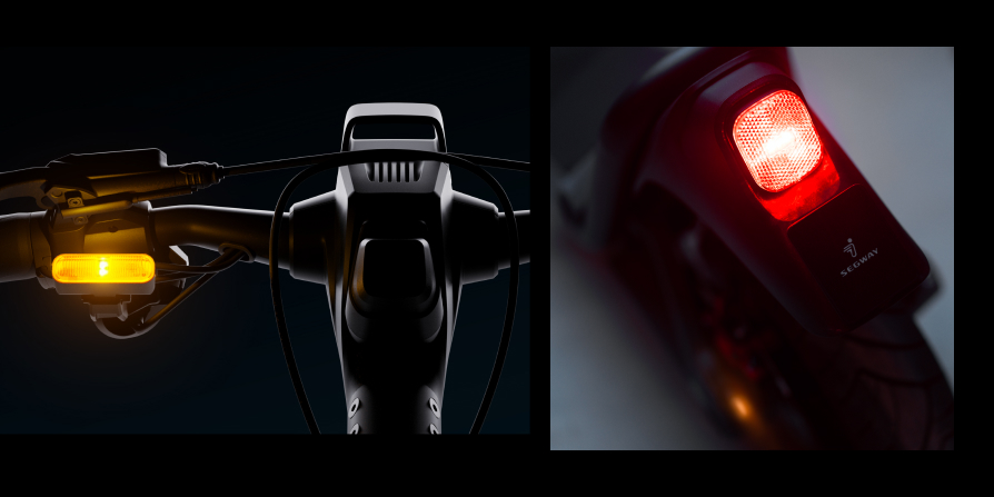 Close-up of the Segway GT3 Pro Super Scooter's handlebar with a yellow turn signal illuminated, next to a rear view highlighting the red brake light.