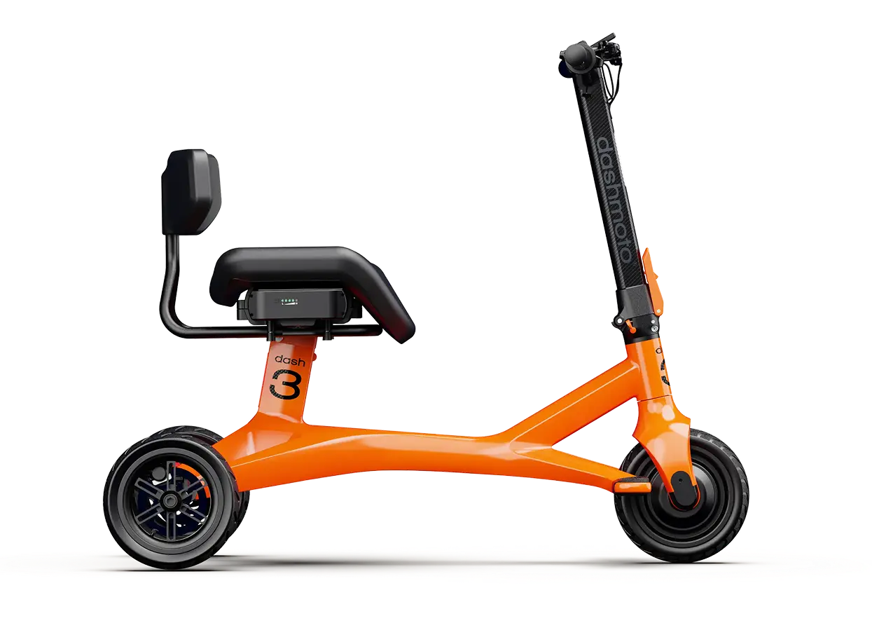 The Dashmoto Dash 3 by Dashmoto is a bright orange folding mobility scooter featuring a seat, backrest, and upright handlebars, displayed in profile on a plain white background.